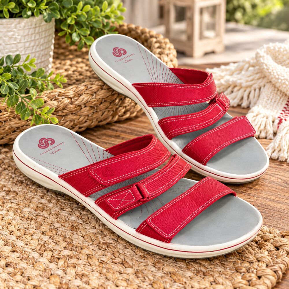 Clarks Cloudsteppers Red Strappy Comfort Slides Sandals Womens Size 9 Coastal